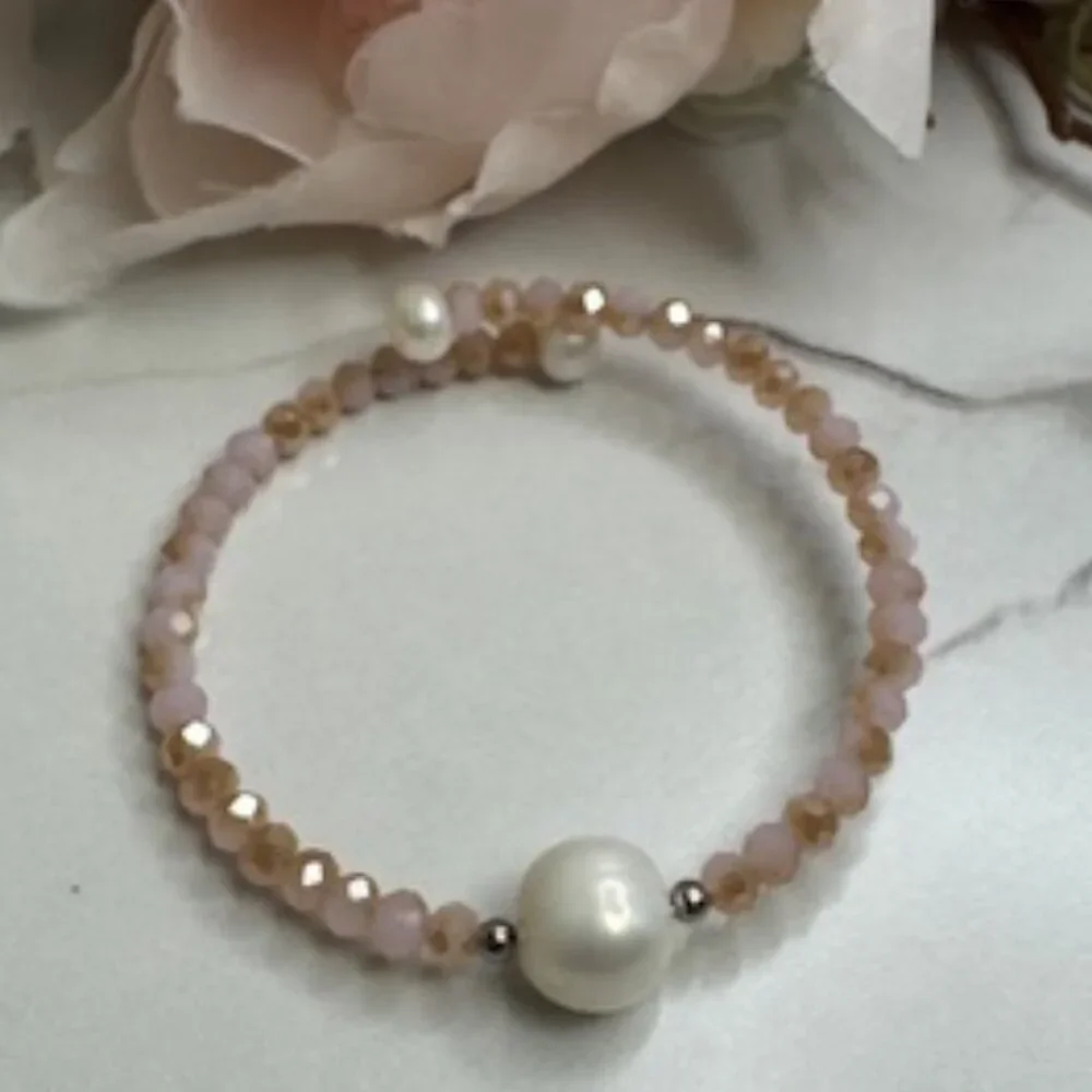 6-11mm White Cultured Freshwater Pearl Crystal Stainless Steel Wire Bracelet